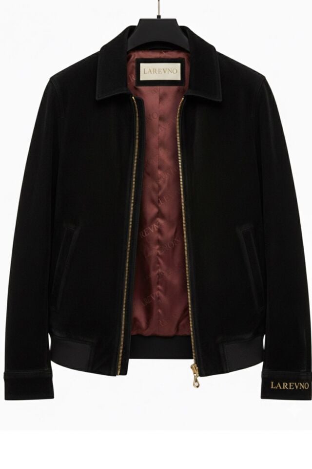 Larevno Siyah Kadife Bomber Ceket - Gold Detaylı Bordo İnce Astarlı